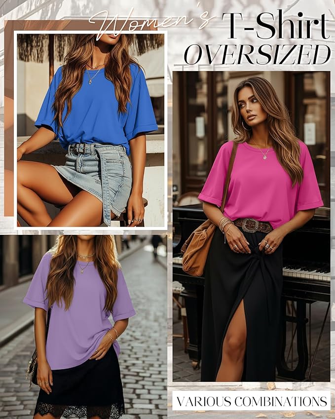 Riyiper 3 Pack Women's Oversized T-Shirt Half Sleeve Summer Tees Casual Loose Fit Crew Neck Basic Tops