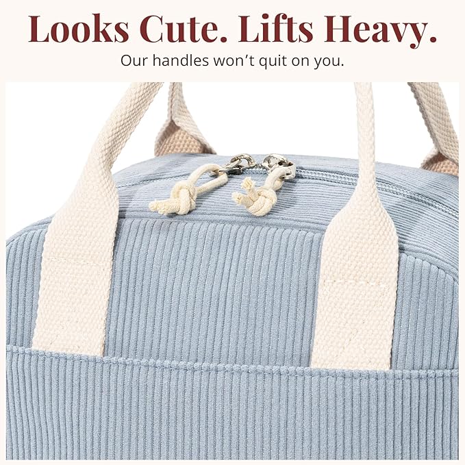 Insulated Lunch Bag for Women Men, Stylish Corduroy Tote Bag with Aluminum Lining, Large Capacity Reusable Cooler for Work, Travel, or Beach, Dusty Blue Lunch Box