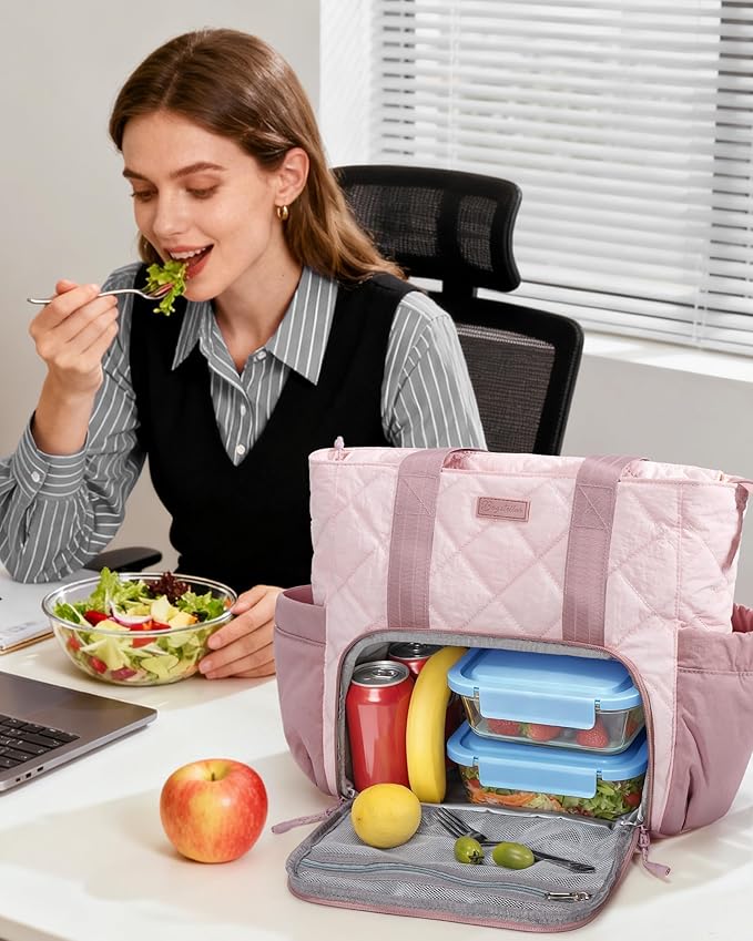 Puffer Lunch Tote Bag for Women, 15.6 Inch Laptop Work Bag with Insulated Lunch Compartment & Large Cup Holder, Lightweight Quilted Puffy Lunch Box Purse for Teacher Nurse Travel Office Daily School