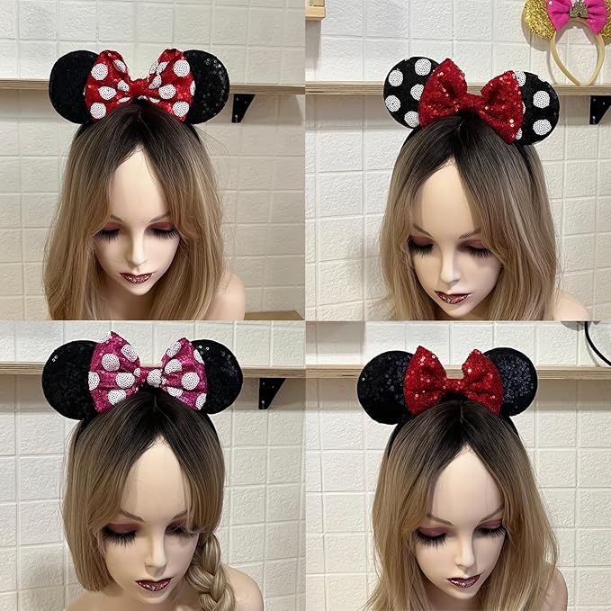 ASAHEL Mouse Ears Headbands Fashion Shiny Bows Mice Ears Birthday Parties Themed Events (Red 2, Onesize)