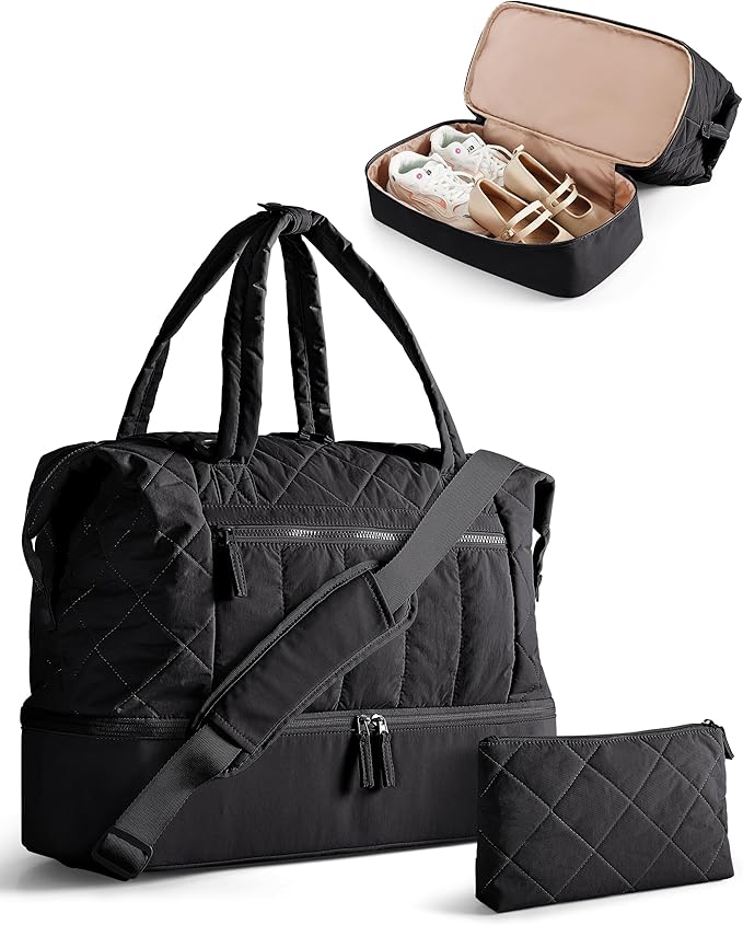 Quilted Duffle Bag with Shoe Compartment and Wet Pocket, Weekender Duffel Bag With Laptop Sleeve and a Separate Pouch for Travel, Gym, Hospital Labor Delivery, Black