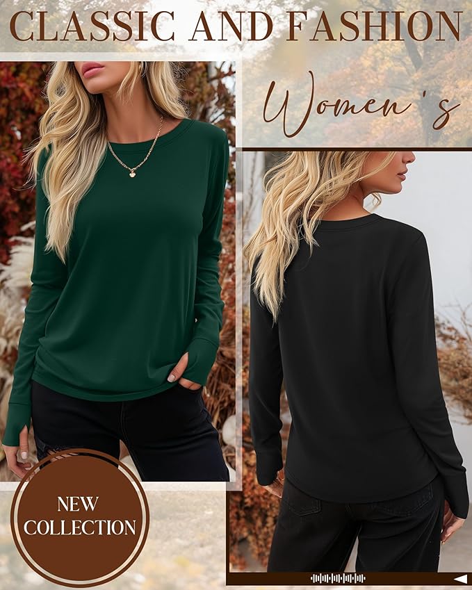 Huukeay 3 Pack Women's Long Sleeve Shirts with Thumb Holes, Cotton Casual Crew Neck Tunic Tops Fall Loose Y2k Trendy Outfits