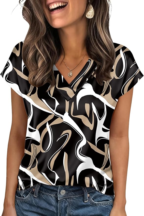 Zeagoo Women Silk Satin Tops Cap Short Sleeve Blouse V Neck Shirts Business Casual Outfits S-2XL