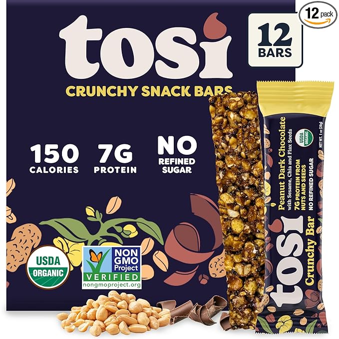 Tosi Nut Bars, Peanut Dark Chocolate, Healthy Snacks for Adults & Kids, Plant Based Crunchy Bars (7G Protein), Organic Keto Snacks, Vegan, Gluten & Soy Free, Low Sugar, Omega 3s, 1oz, 12-Pack