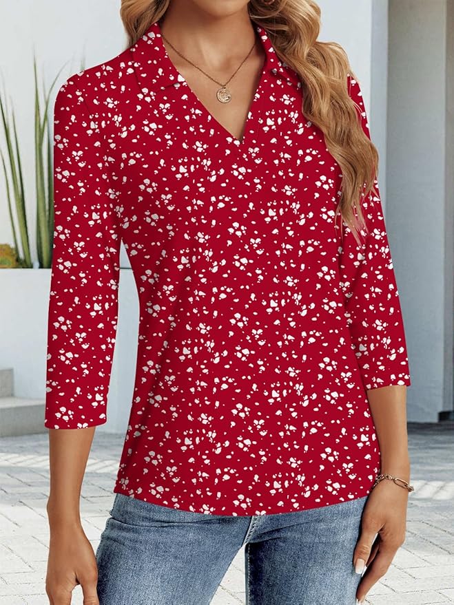 3/4 Length Sleeve Womens Tops Dressy Casual V Neck Polo Shirts Business Work Blouses 2025 Trendy Tunic Top