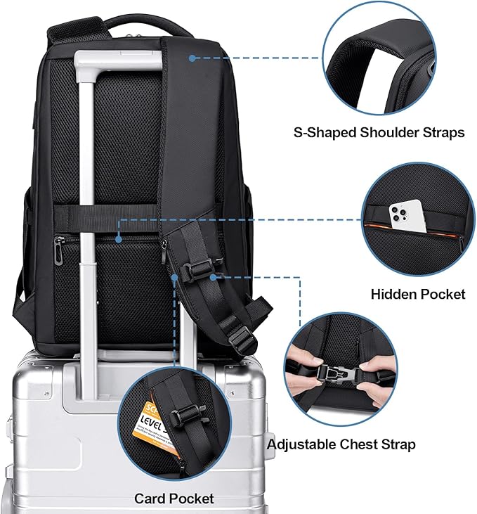 FENRUIEN Business Backpack for Men,Water Resistant Tech Backpack with Charger,Black Laptop Backpack 15.6 Inch