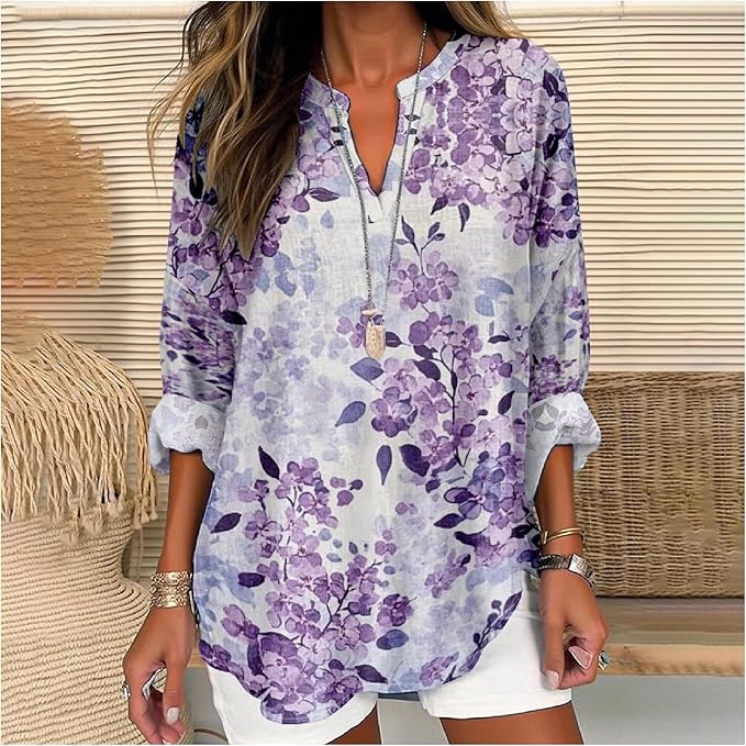 MARSVOVO V Neck Shirt For Women Boho Multi Style Blouse Long Sleeve Novelty Graphic Plus Size Pullover Tops For Women