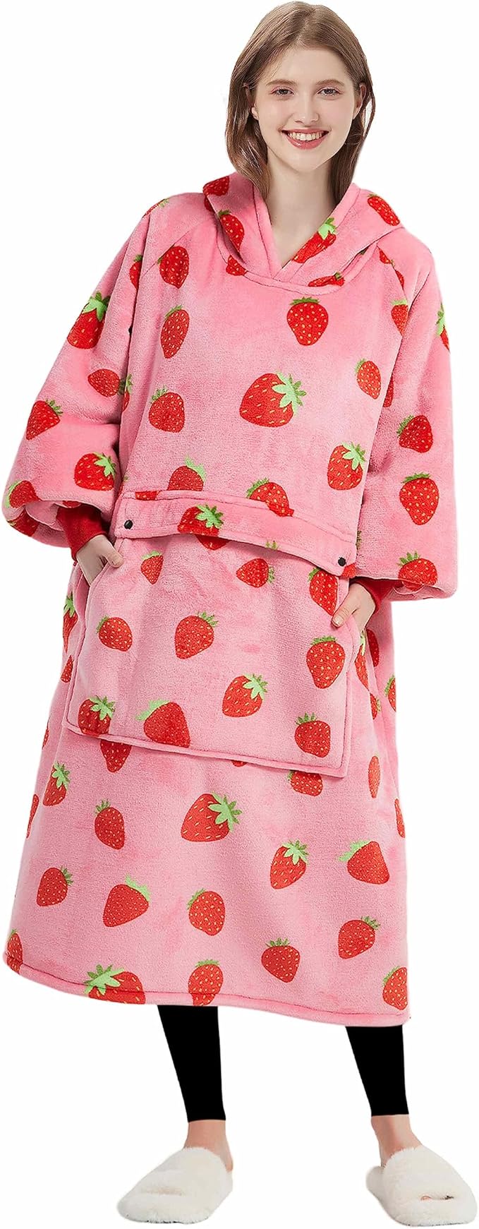 KFUBUO Wearable Blanket Hoodie for Adult Long Sherpa Strawberry Patterns Oversized Sweatshirt Blanket with Pockets Birthday Gifts for Women