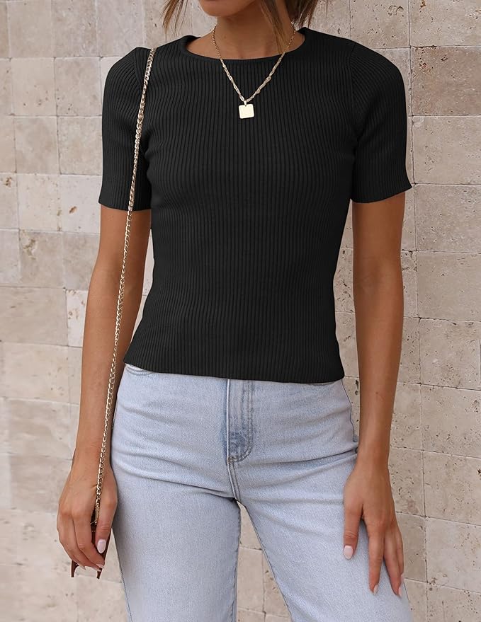 ZESICA Women's Short Sleeve Sweater Tops 2026 Summer Crewneck T Shirt Ribbed Knit Slim Fit Basic Solid Color Tee