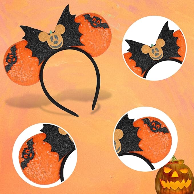 HAMUTH Bat Ears Headband, Mouse Ears Headband for Women Girls Boys, Orange Bat Ears for Party Trip Parks Cosplay Accessories