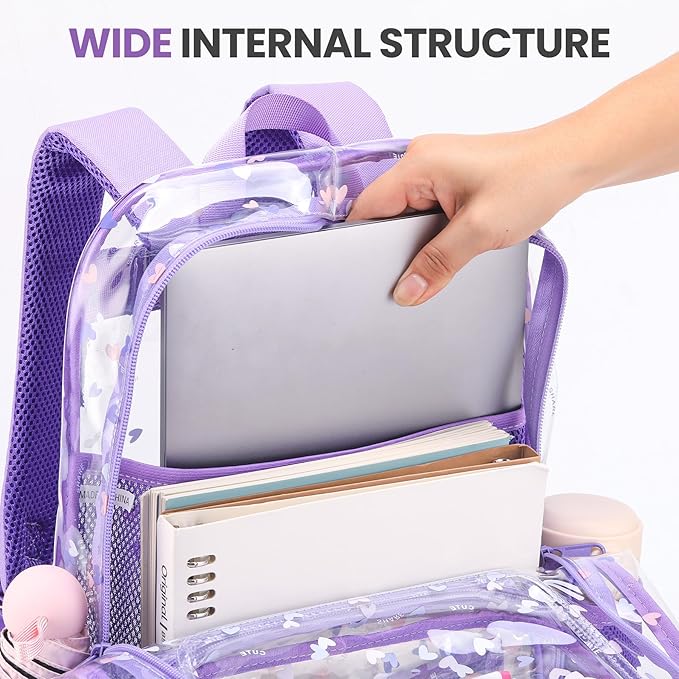 Heavy Duty Clear Backpack Lunch Bag Box Set for 8-Year-Olds - Practical and Stylish School Essentials(clear backpack & clear tote lunch bag-purple)