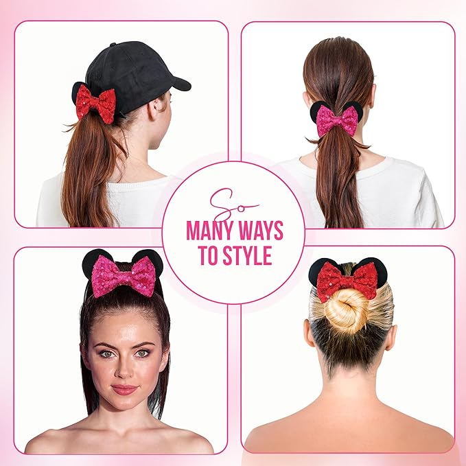 Styla Hair 2pk Mouse Ear Scrunchies, Hot Pink Solid Red - Velvet Hair Bow Scrunchies for Women with Sparkle Sequins, Mickey Mouse Ears for Pony Tail