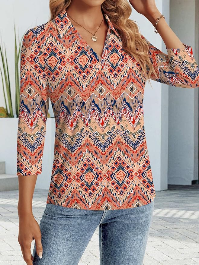 3/4 Length Sleeve Womens Tops Dressy Casual V Neck Polo Shirts Business Work Blouses 2025 Trendy Tunic Top