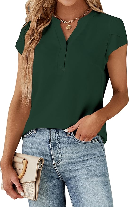 Blooming Jelly Women's Dressy Casual Tops Business Work Blouses White Button Down Shirts Cap Sleeve V Neck Tshirt