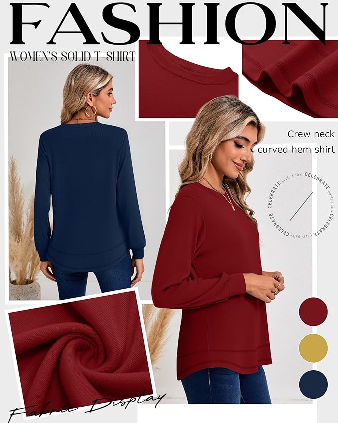 Ficerd 3 Pack Women's Long Sleeve Shirts, Cotton Crew Neck Tunic Tops Casual Loose Fit Pullover Sweatshirts Curved Hem Shirts