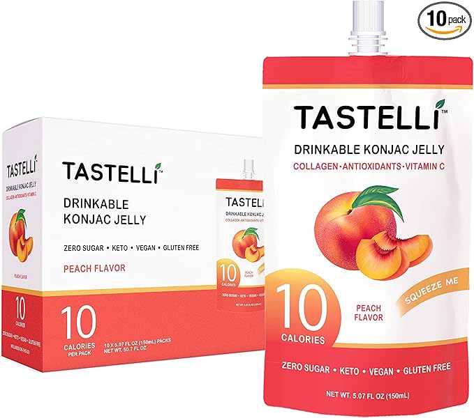 Tastelli Konjac Jelly Infused with Collagen & Vitamin C | Gluten Free, Sugar Free, Low Calorie | Vegan Drinkable Fruit Jelly Snack | Peach | 150mL x 10 Pouches