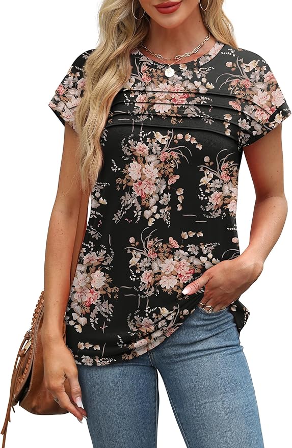 WEESO Womens Summer Tops Trendy 2026 Cap Sleeve T Shirts Crew Neck Pleated Front Beach Vacation Clothes Fashion