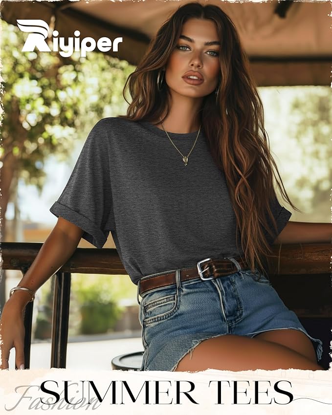 Riyiper 3 Pack Women's Oversized T-Shirt Half Sleeve Summer Tees Casual Loose Fit Crew Neck Basic Tops