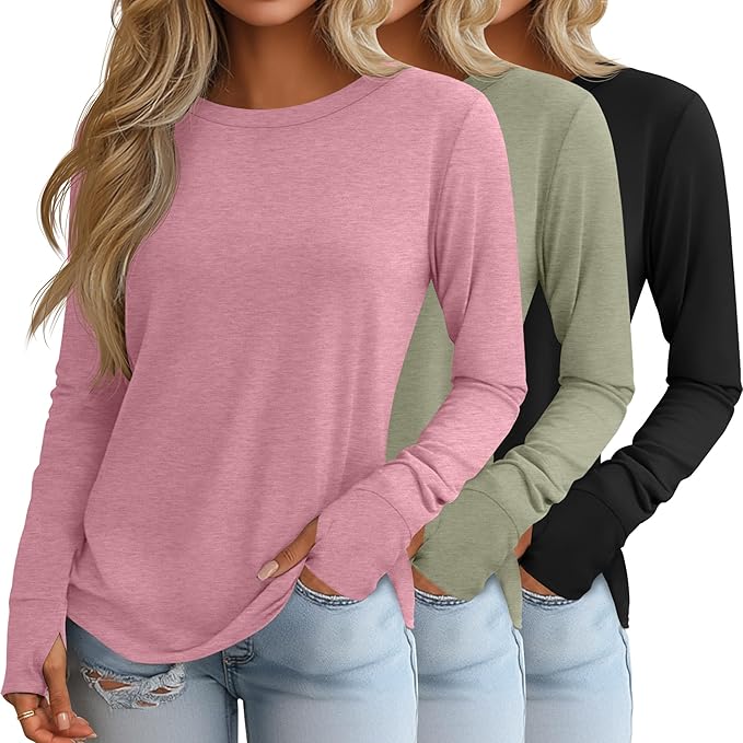 Huukeay 3 Pack Women's Long Sleeve Shirts with Thumb Holes, Cotton Casual Crew Neck Tunic Tops Fall Loose Y2k Trendy Outfits