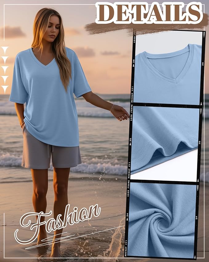Huukeay Women's Cotton Oversized T Shirts 3 Pack V Neck Loose Fit Half Sleeve Tops Baggy Casual Summer Gym Workout Tees 2026