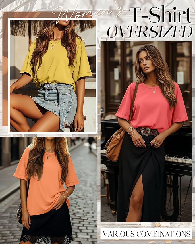 Riyiper 3 Pack Women's Oversized T-Shirt Half Sleeve Summer Tees Casual Loose Fit Crew Neck Basic Tops
