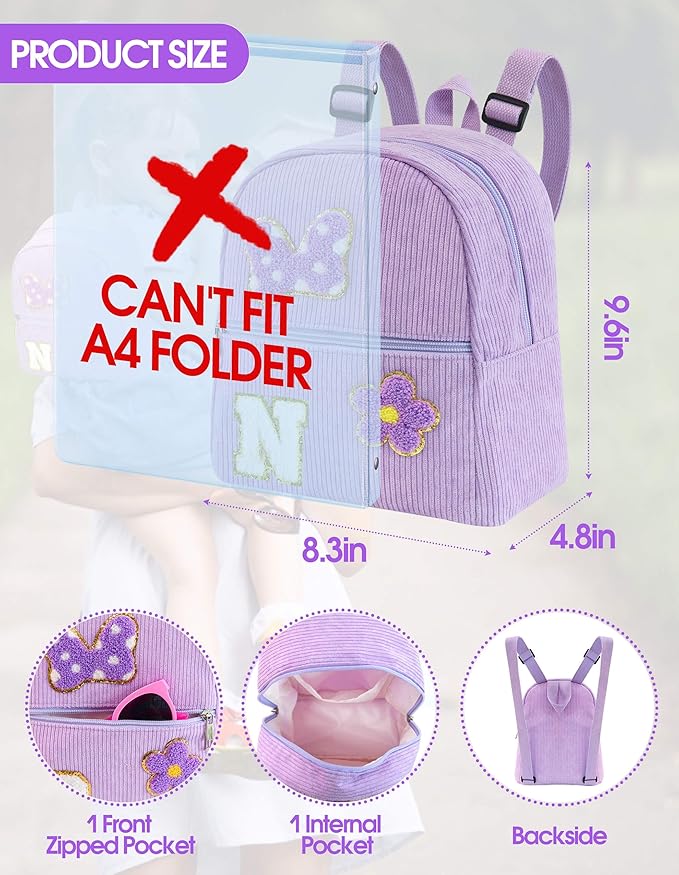 2 3 4 5 6 Year Old Girl Gifts Chenille Initial Mouse Bow Mini Backpack, Corduroy Toddler Backpacks Christmas Birthday Gifts for Girls 2-4 5-6, Purple Mini Diaper Bag Must Haves for Park Travel N