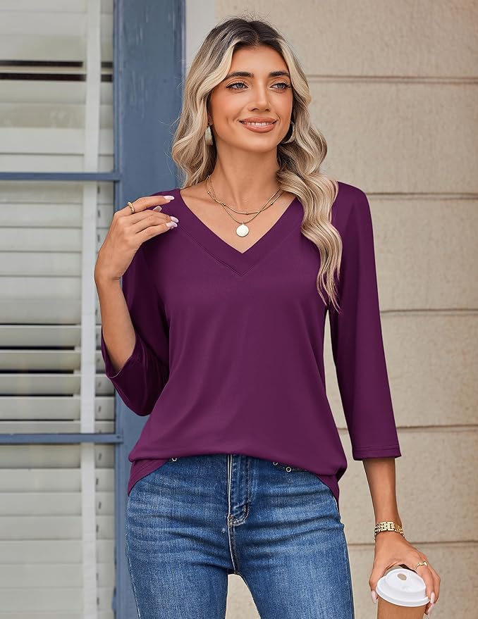 Zeagoo 3/4 Length Sleeve Womens Tops V Neck Shirt Dressy Casual Blouse Basic Tshirts 2026 Fashion Clothing S-2XL