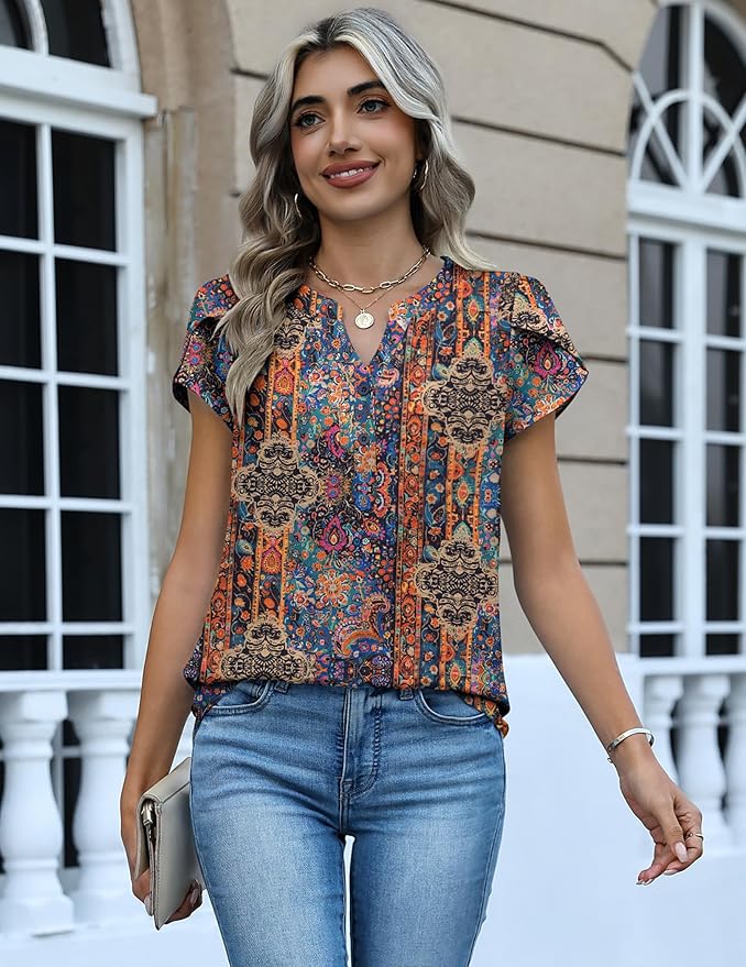 Zeagoo Womens Tops Dressy Casual Textured Blouses Cap Short Sleeve Shirts V Neck Button Up Summer Spring Work Tshirt Clothes