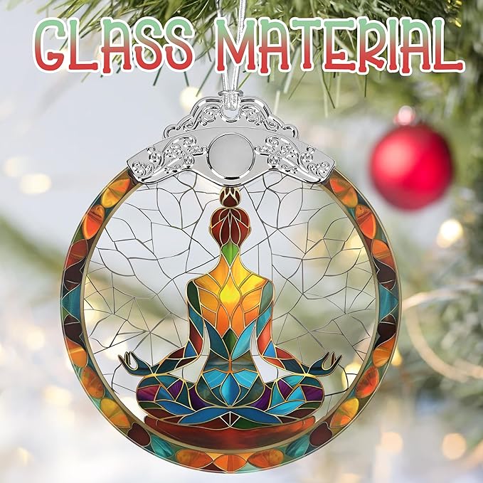 Yoga Symbol Christmas Ornaments, 3" Stained Glass Christmas Decor, Christmas Tree Ornaments, Gifts for Friends, Unique Gift Idea, Perfect for Holiday Party, Tree, Window, Home Decor