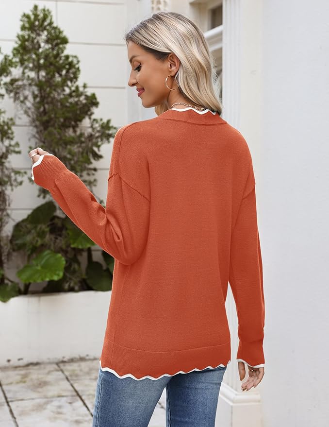 Zeagoo Women's 2026 Fall V Neck Sweater Casual Long Sleeve Lightweight Ribbed Knit Pullover Sweaters Dressy Casual Tops