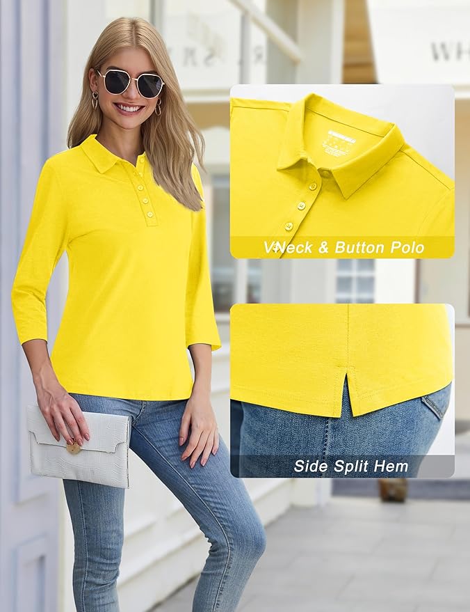 YUCOLEN Polo Shirts for Women 3/4 Sleeve Tops Golf Tees 5-Button Collared Cotton Shirt Business Casual