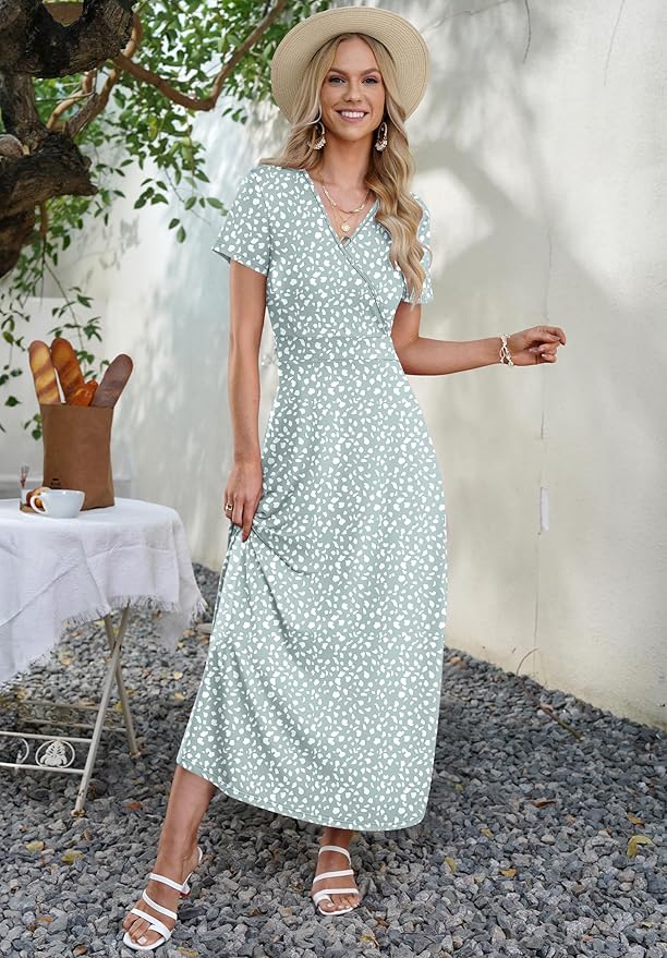 AUSELILY Maxi Dresses for Women Ankle Length Floral Print Beach Long Flowy Dress with Pockets
