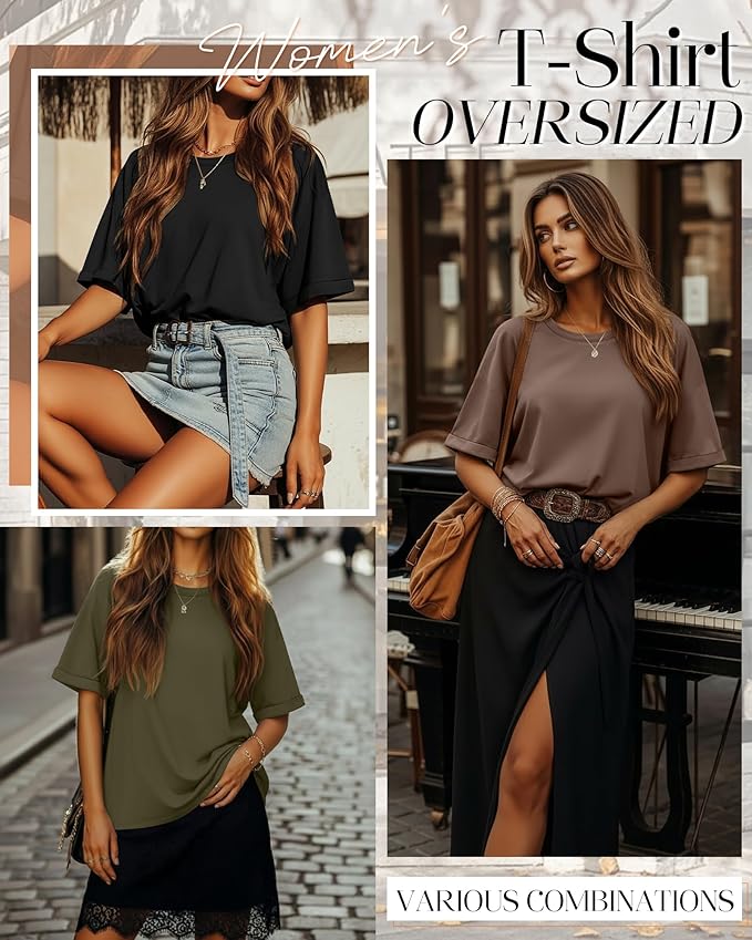 Riyiper 3 Pack Women's Oversized T-Shirt Half Sleeve Summer Tees Casual Loose Fit Crew Neck Basic Tops
