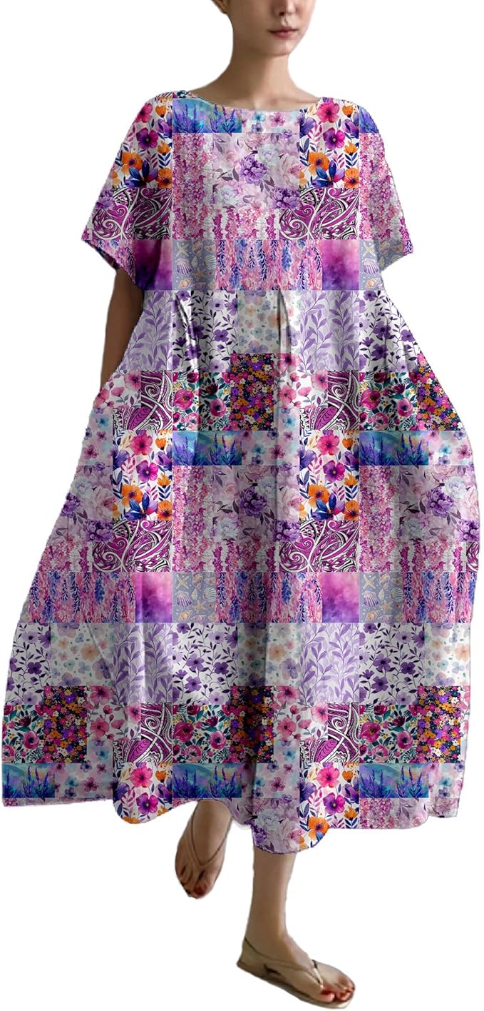 MARSVOVO Patchwork Flowy Dresses for Women Plus Size Loose Casual Tunic Dress Elegant Crewneck Maxi Dresses with Pockets