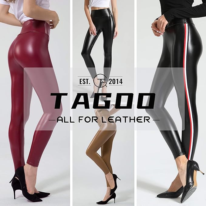Tagoo Women's Stretchy Faux Leather Leggings Pants, Sexy Red High Waisted Tights