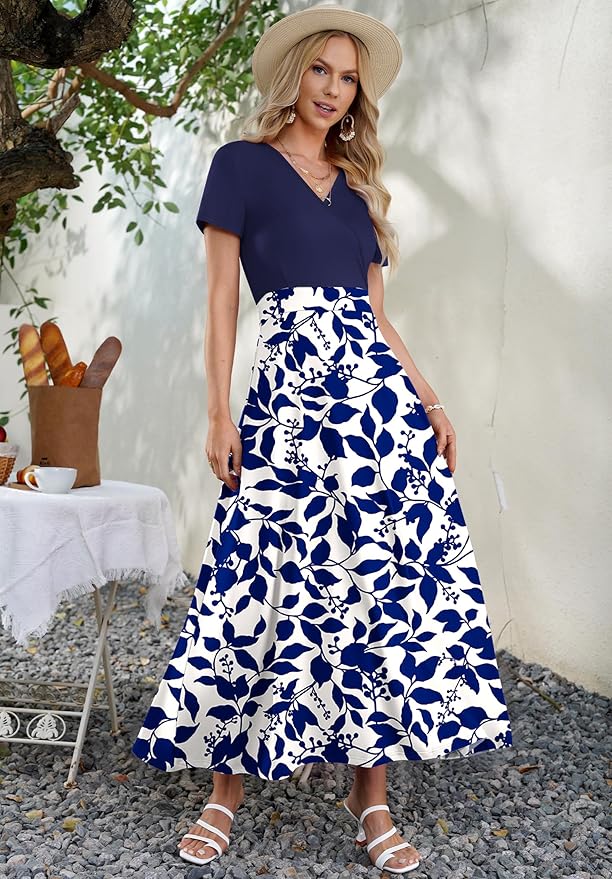 AUSELILY Maxi Dresses for Women Ankle Length Floral Print Beach Long Flowy Dress with Pockets