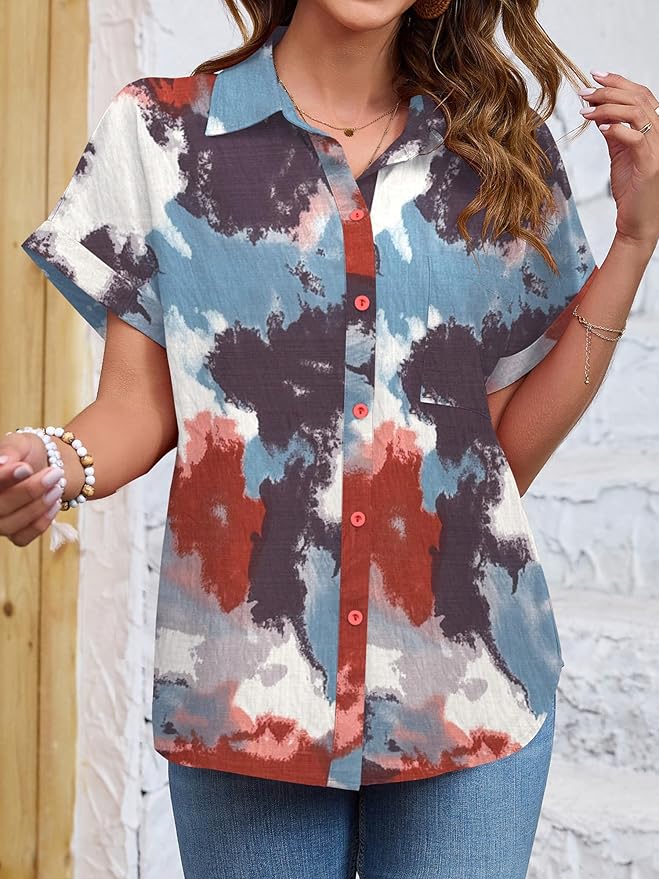 Womens Button Down Shirt Casual Short Sleeve Collared Work Blouse with Pocket