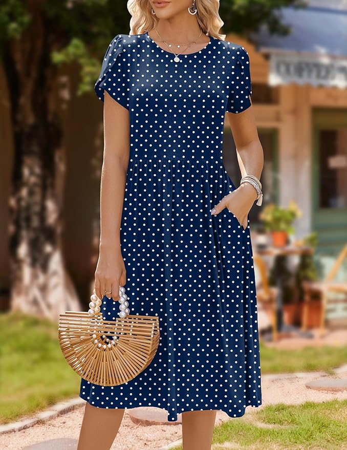 HOTOUCH Women's Summer A-Line Midi Dresses 2026 Casual Floral Short Sleeve T-Shirt Dress Flowy Beach Sundress with Pockets