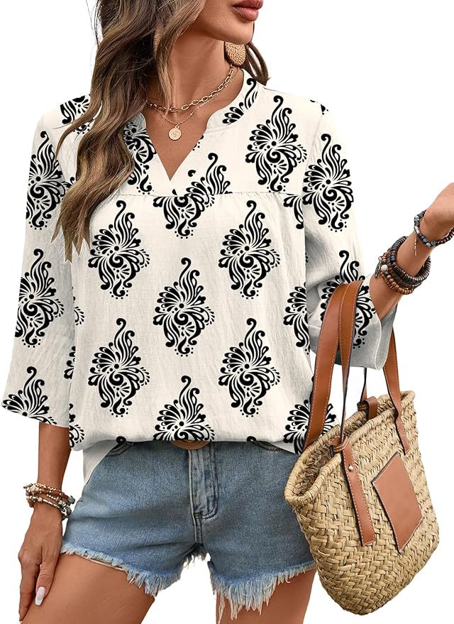 Rapbin Womens 3/4 Sleeve V Neck Floral Print Pleated Blouses for Women Dressy Casual Loose Fit Tops