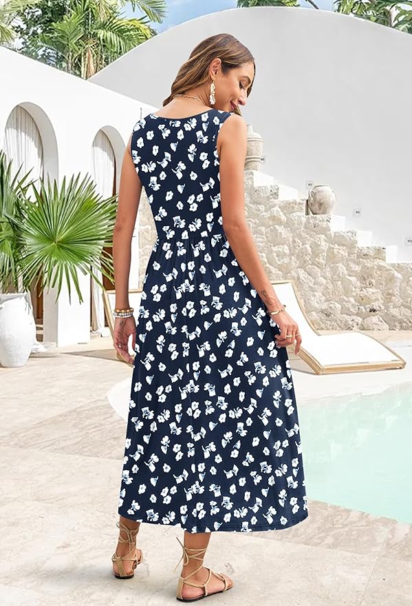 WNEEDU Women's Summer Maxi Dress 2026 Casual Sleeveless Hawaiian Sundress Tropical Long Dress Beach Vacation Outfit