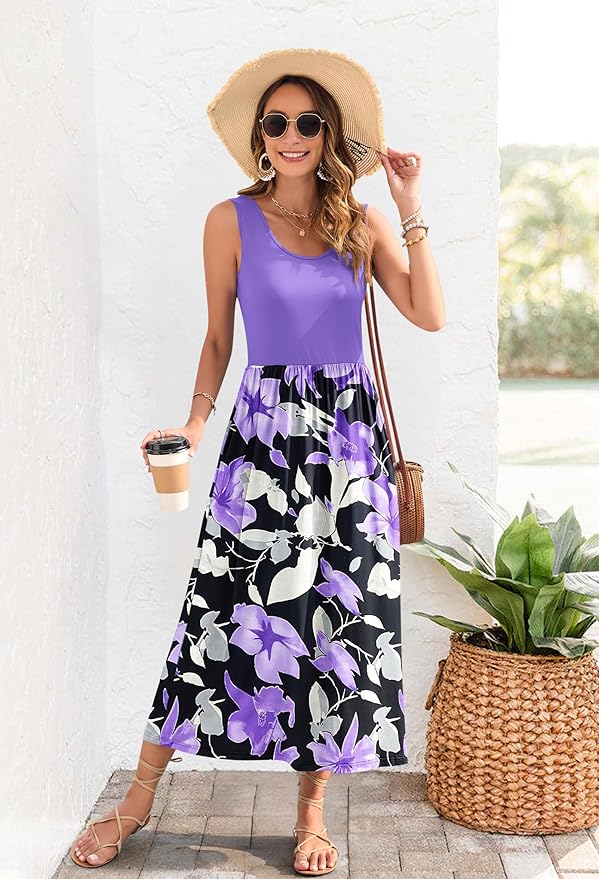 WNEEDU Women's Summer Maxi Dress 2026 Casual Sleeveless Hawaiian Sundress Tropical Long Dress Beach Vacation Outfit