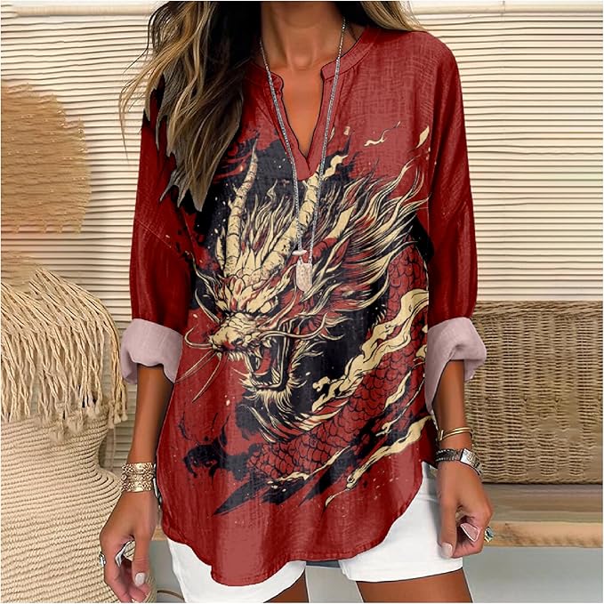 MARSVOVO V Neck Shirt For Women Boho Multi Style Blouse Long Sleeve Novelty Graphic Plus Size Pullover Tops For Women