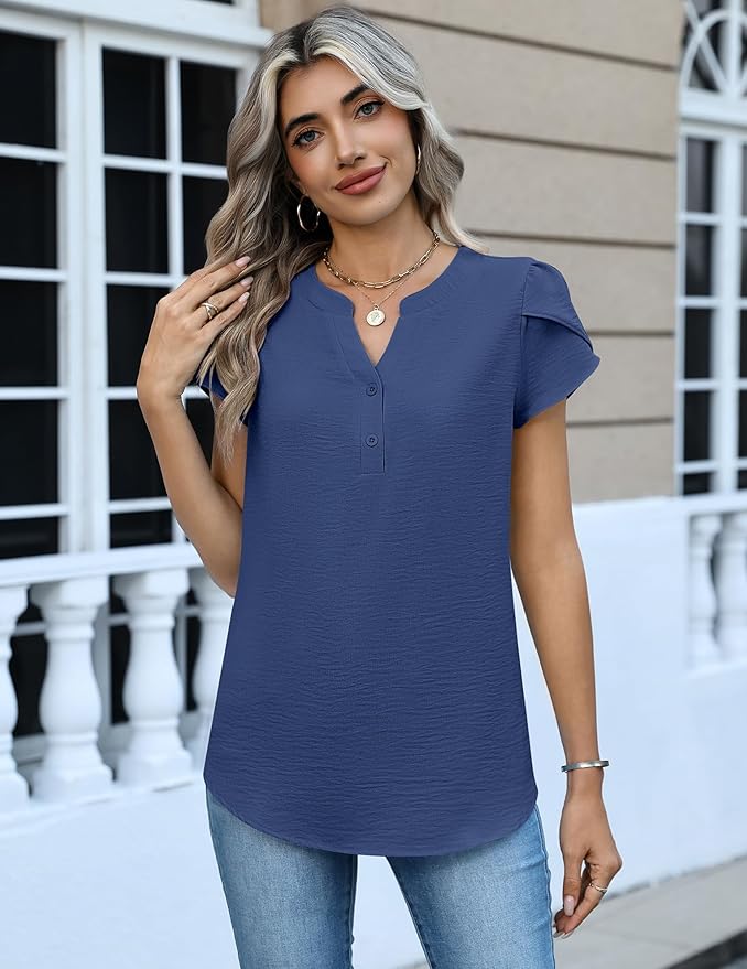 Zeagoo Womens Tops Dressy Casual Textured Blouses Cap Short Sleeve Shirts V Neck Button Up Summer Spring Work Tshirt Clothes