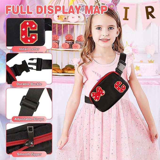 Initial Letter Bow Mouse-Ear Fanny Pack for Teen Girls,Cute Chenille Belt Bag Crossbody Travel Waist Pack for Women&Kids,Personalized Gift for Theme Park,School & Travel, Birthday Christmas(C)