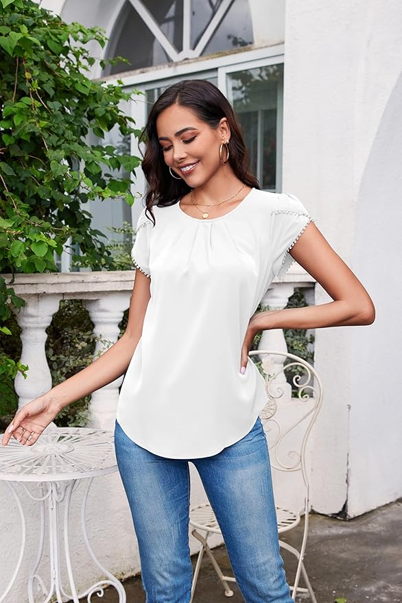 TASAMO Women's Casual Round Neck Basic Pleated Top Cap Sleeve Curved Keyhole Back Chiffon Blouse
