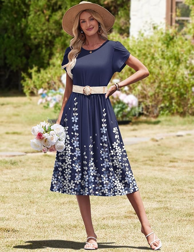 HOTOUCH Women's Summer A-Line Midi Dresses 2026 Casual Floral Short Sleeve T-Shirt Dress Flowy Beach Sundress with Pockets