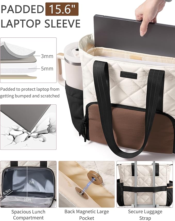 Puffer Lunch Tote Bag for Women, 15.6 Inch Laptop Work Bag with Insulated Lunch Compartment & Large Cup Holder, Lightweight Quilted Puffy Lunch Box Purse for Teacher Nurse Travel Office Daily School