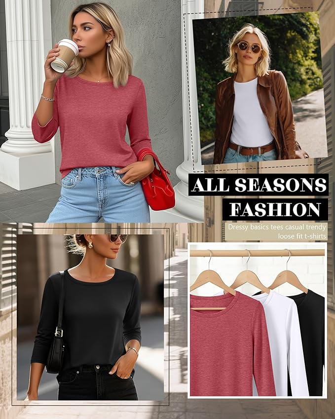 Ficerd 3 Pack 3/4 Sleeve Tops for Women Round Neck Dressy Basics Tees Casual Trendy Loose Fit T Shirts