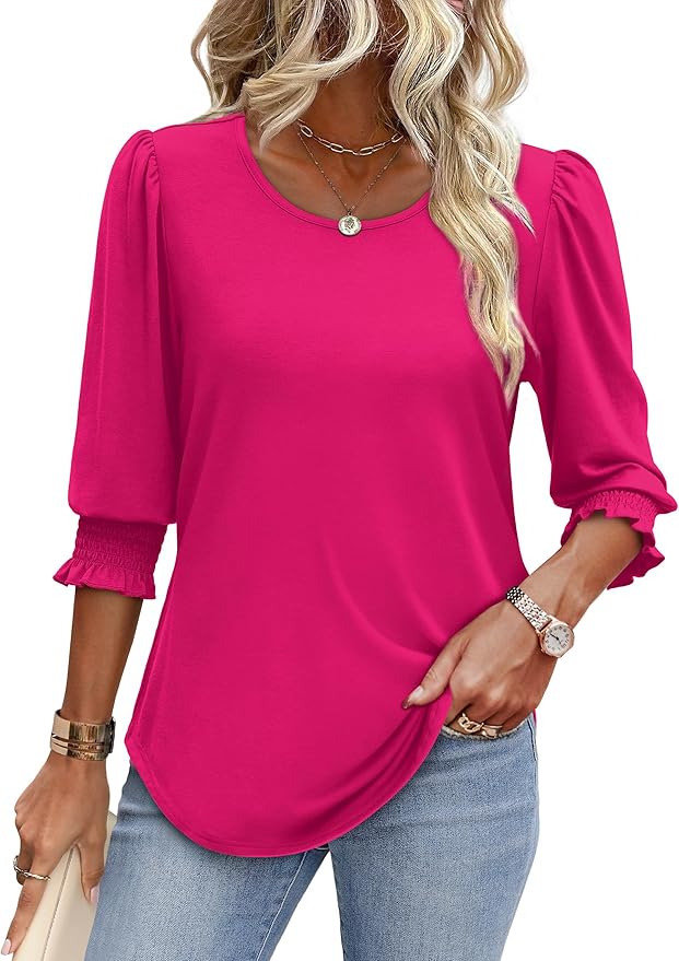 XIEERDUO Blouses for Women Dressy Casual 3/4 Length Sleeve Womens Tops with Smocked Cuffs