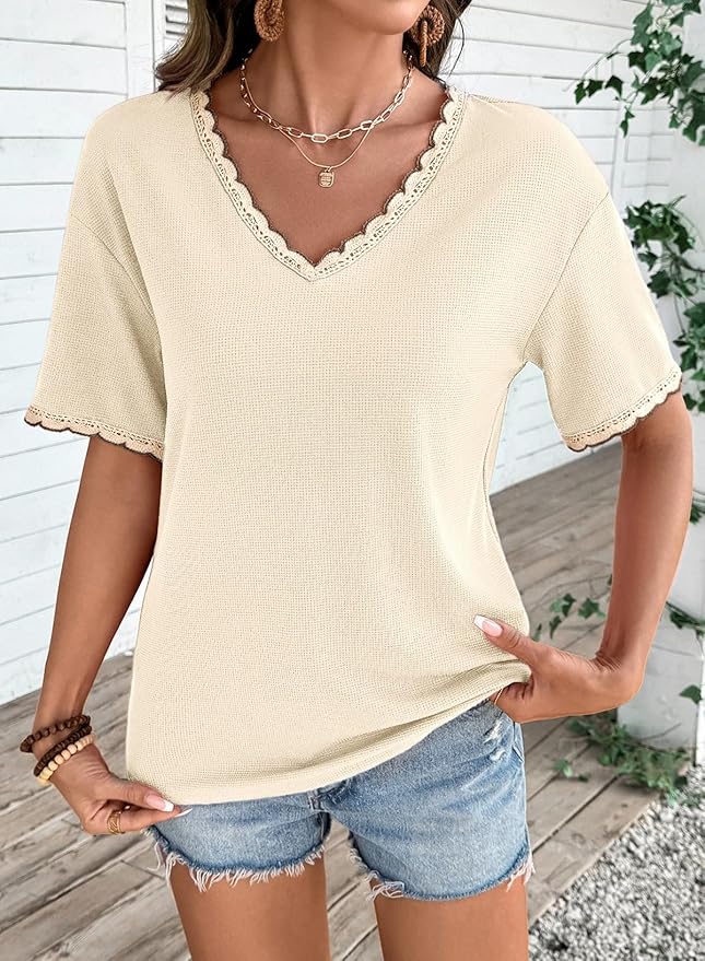 Dokotoo Womens Summer Tops Casual Short Sleeve Lace T-Shirts Solid V Neck Waffle Knit Shirts Blouses